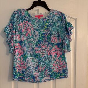 Lilly Pulitzer Floral Ruffle Sleeve Top - Blue and Pink XXS